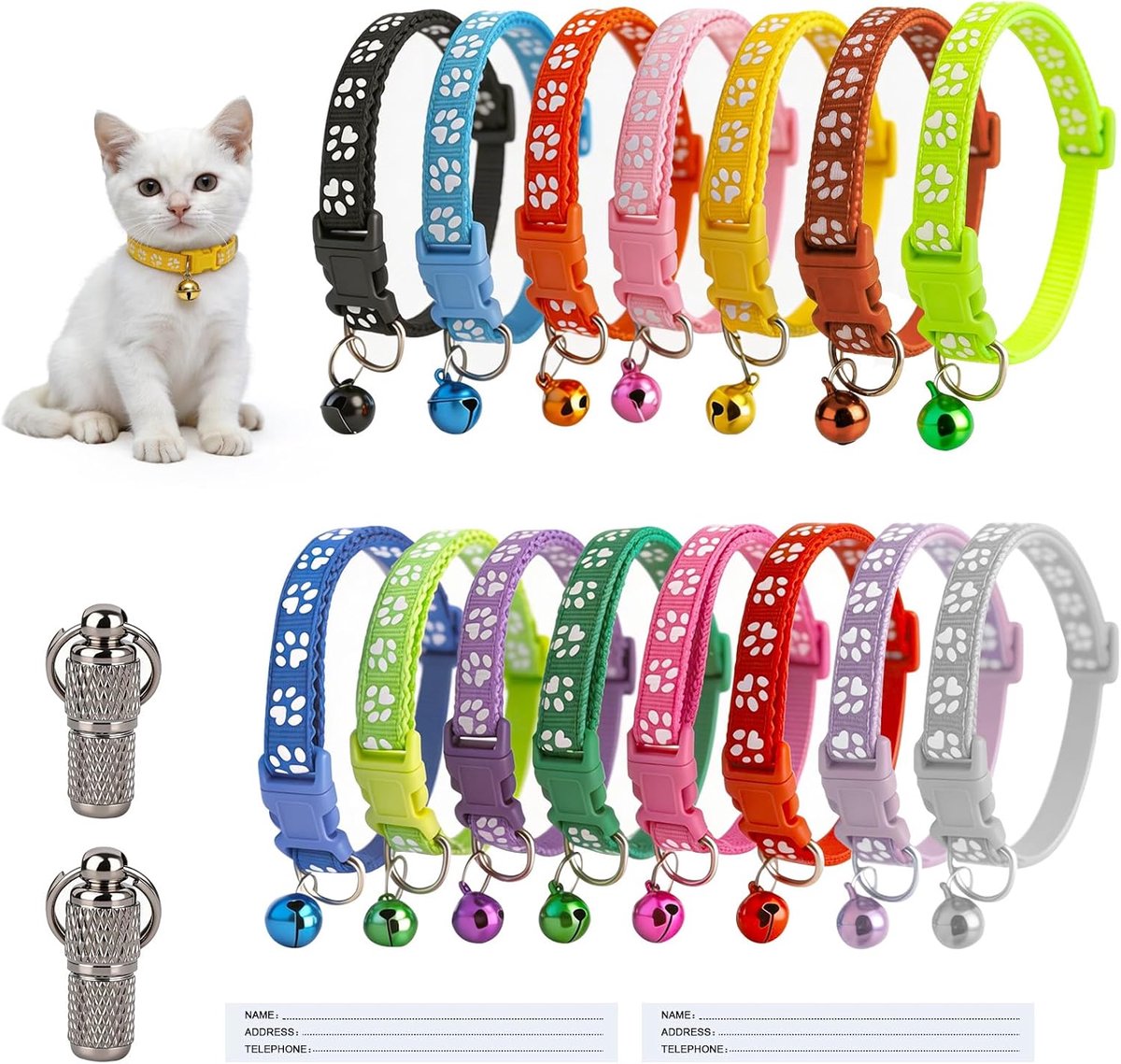 15 stuks kattenhalsband met veiligheidssluiting, verstelbare kattenhalsband met naam, reflecterende kattenhalsband met belletje, voor katten of kittens