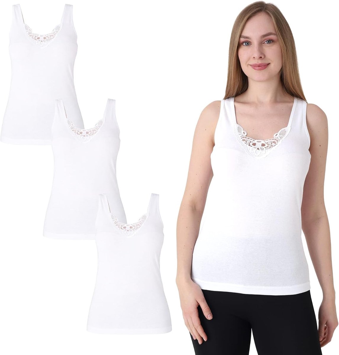 Onderhemd voor dames, verpakking van 3 stuks, 100% katoen met kant, zacht ademend okselhemd, ondershirt met vrouwelijke hals, voor dagelijks gebruik, vrije tijd en homewear
