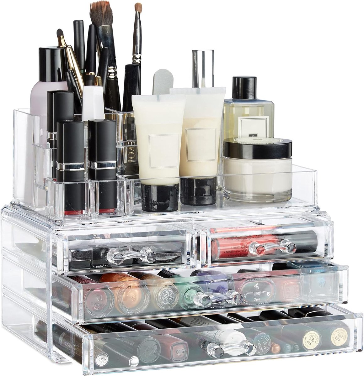 Make-up organizer met 4 lades, lippenstifthouder, 12 vakjes, voor nagellak, acryl, opbergsysteem, transparant