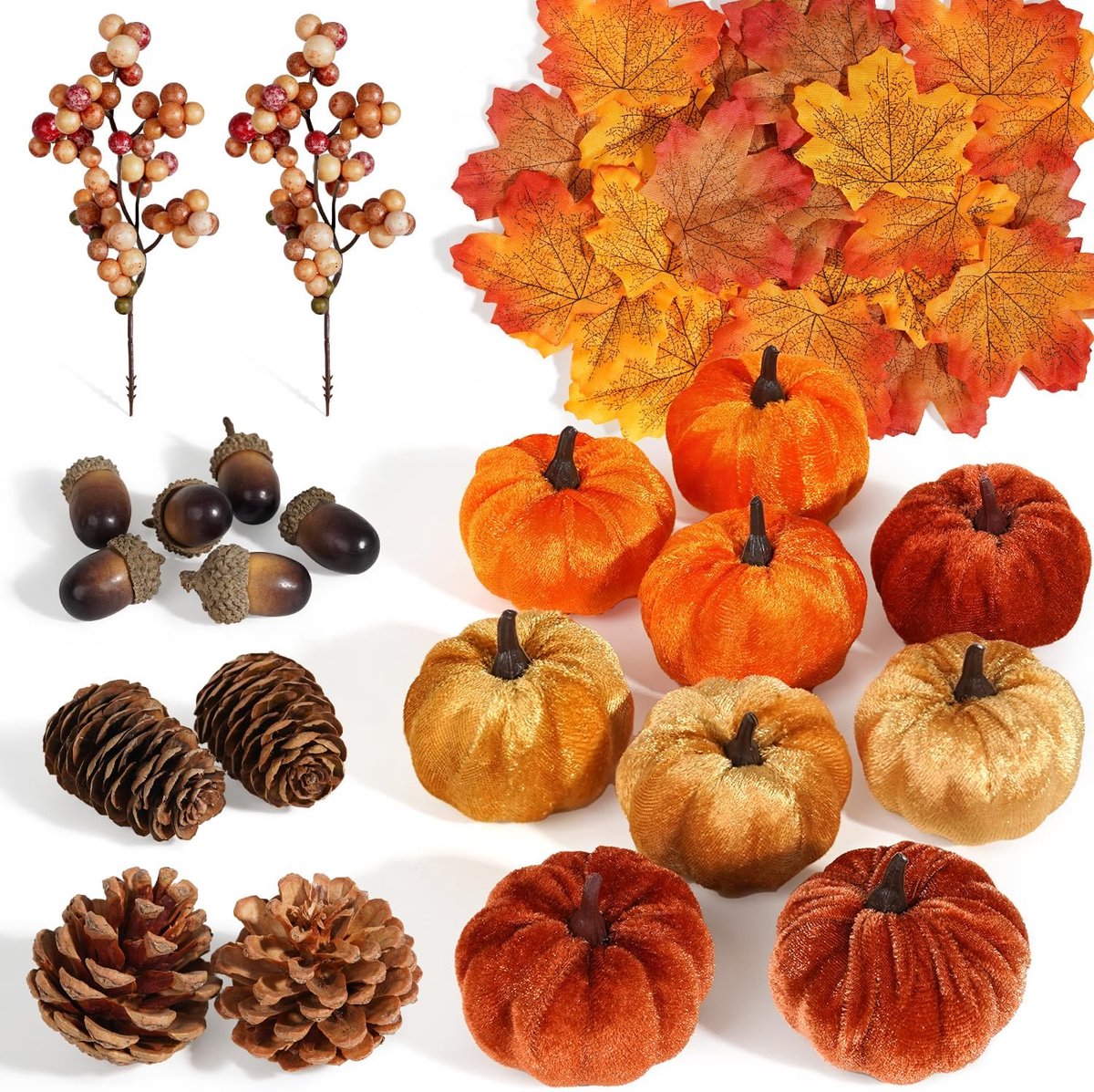 51 stuks kunststoffen pompoenen, herfstoogstdecoraties met eikels, dennenappels, bessen, esdoornbladeren voor herfst thansgiving Halloween-decoratie