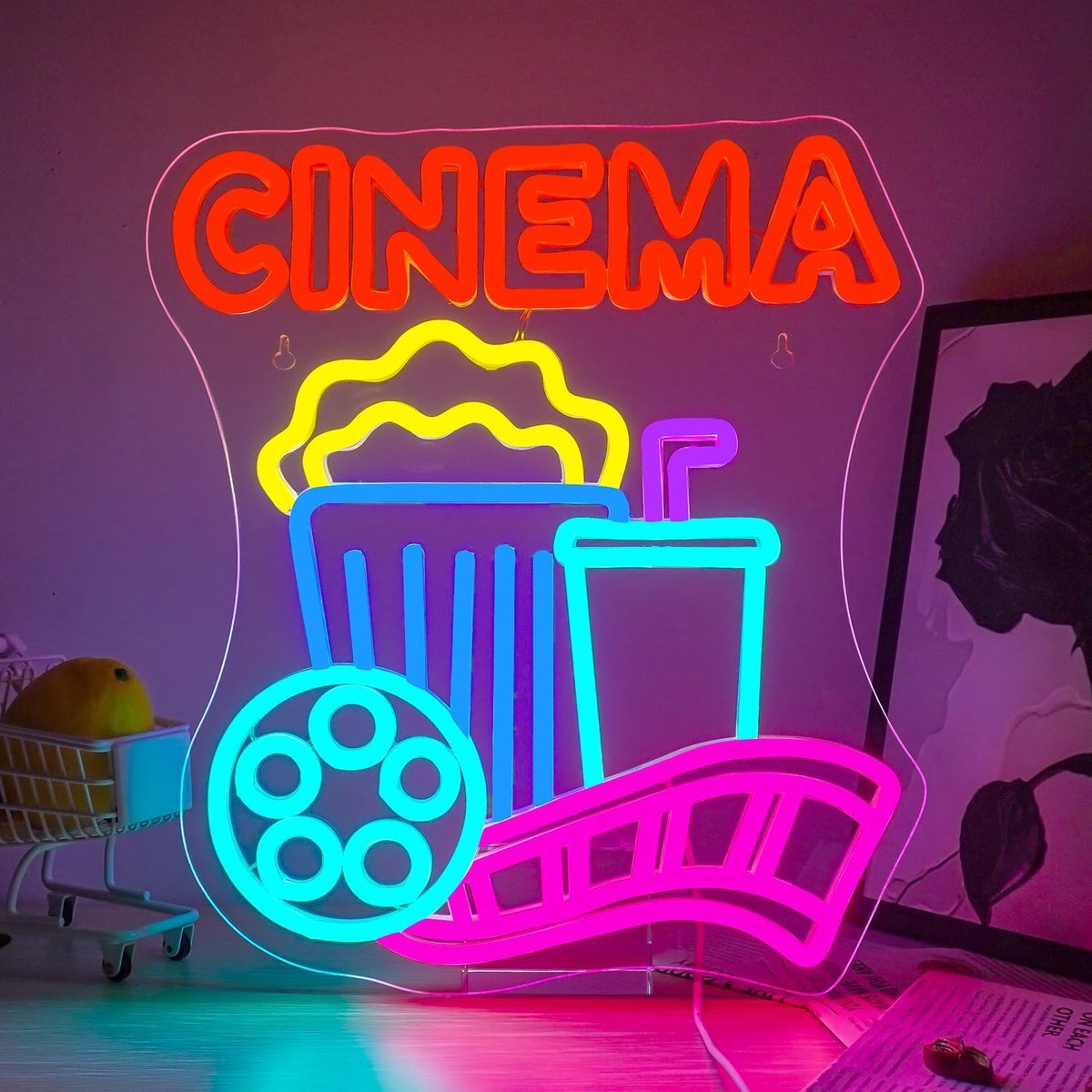Bioscoop Neonbord Met Popcorn - LED Neon Lights Cinema Signs voor Muur - USB Dimmer Neon Licht voor Slaapkamer en Woonkamer