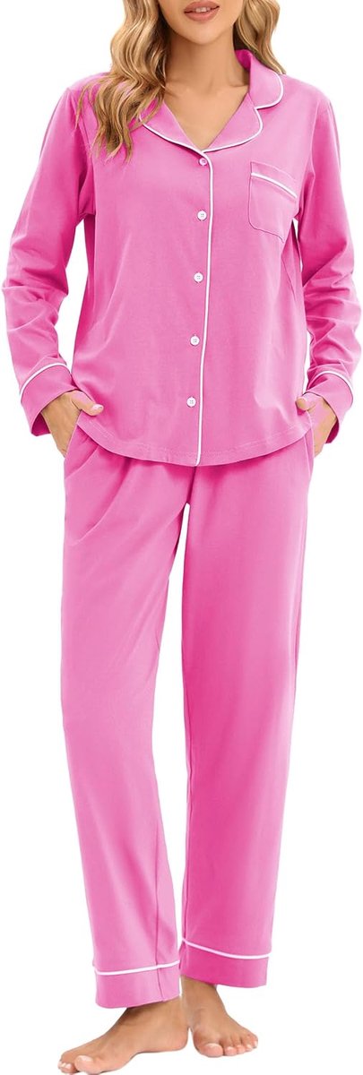 100% katoenen pyjama voor dames, lang, nachtkleding, pyjamaset met kraag, knopen, zachte lichte tweedelige pyjama, huispak, loungewear, gebreid en hoge elasticiteit, S-XXL, roze, XXL