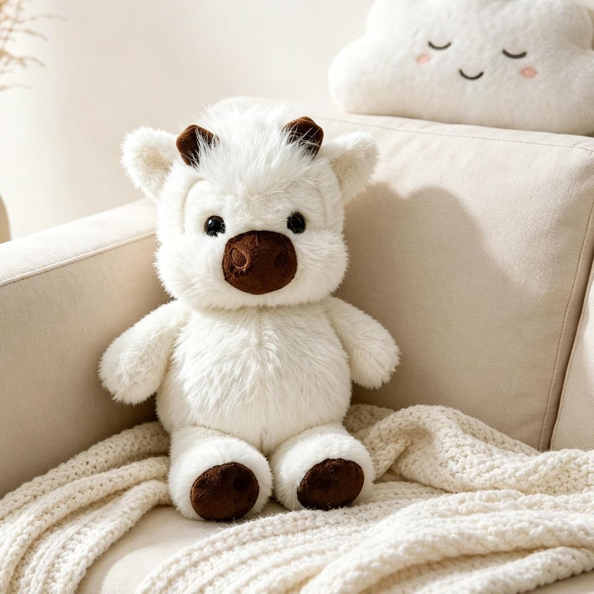 Koe knuffeldier, 45 cm, groot pluche dier in wit en beige, zacht knuffeldier voor kinderen, meisjes en jongens, knuffelige pluche koe als cadeau, oppervlak wasbaar (wit)