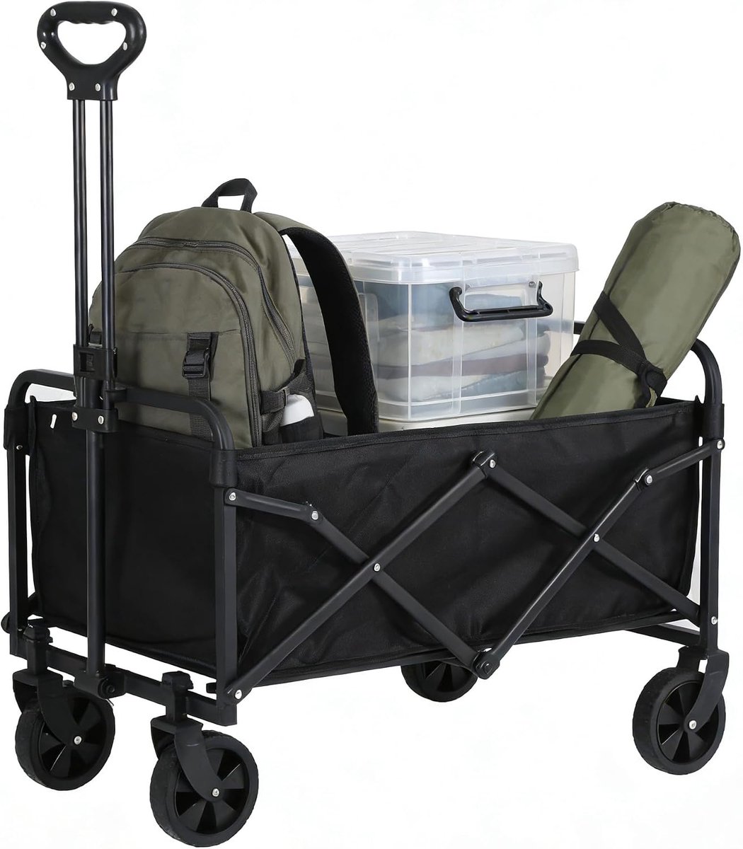 Festivalwagen op wielen, vouwwagen, zware tuinkar met grote capaciteit, met verstelbare handgreep voor strand, tuinieren, outdoor, kamperen, winkelen, vissen, zwart