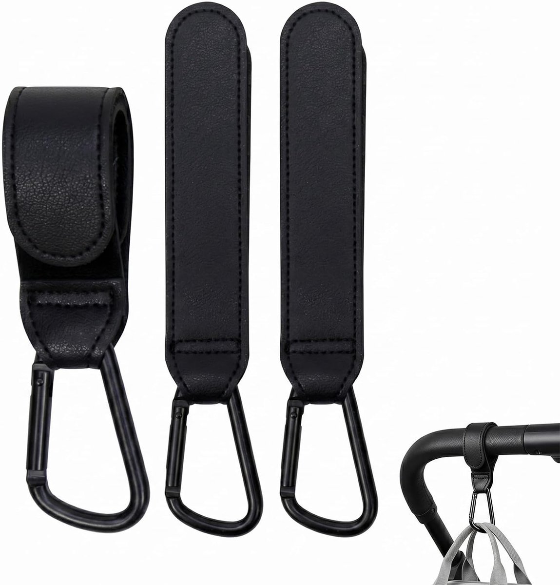 Universele haken voor kinderwagen, 3 stuks, clips voor kinderwagen en buggy, haken voor babytassen en boodschappentassen, robuuste kinderwagenaccessoires, zwart