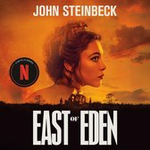 Boek "East of Eden" van John Steinbeck, met een vrouw in profiel en een brandend huis.