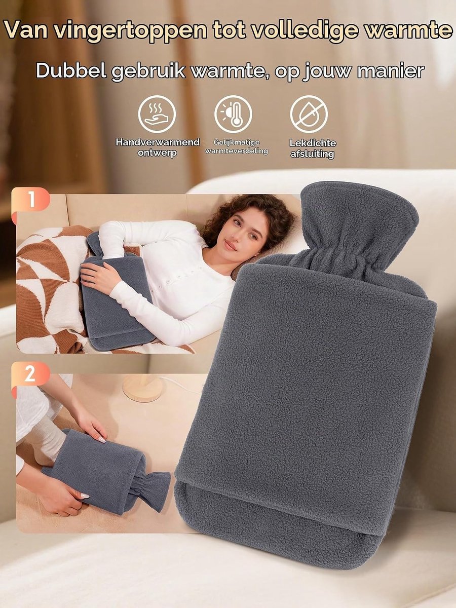 Warmwaterkruik met Fleece-hoes - Grijs - 2L - Lekvrij en Handwarmzak - Voor Comfort in Koude Dagen