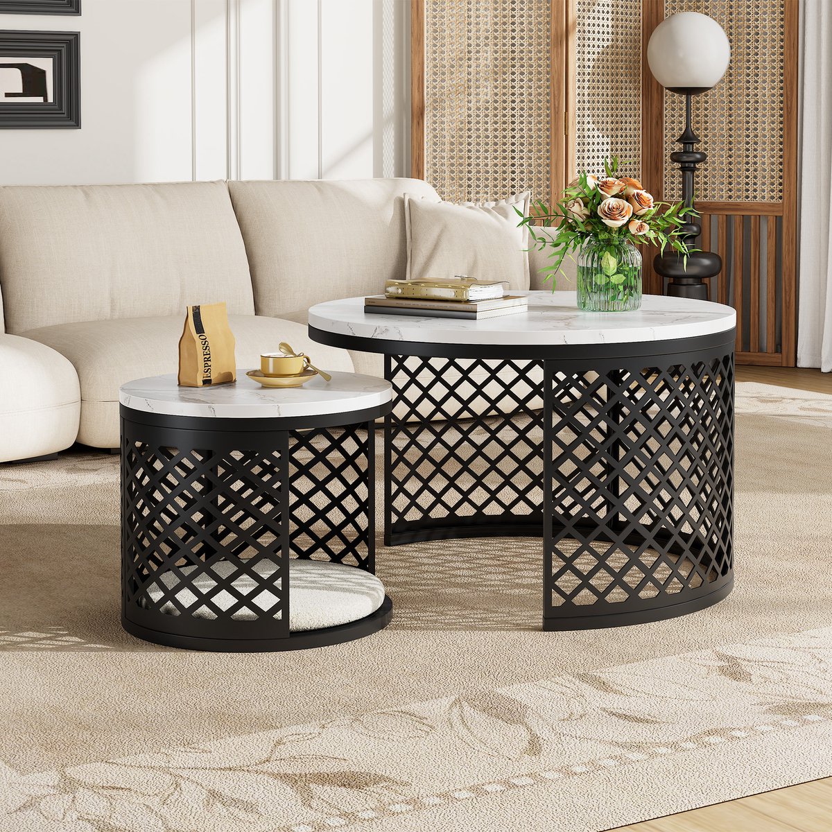 MEUNIQ ronde salontafelset van 2 – witte bijzettafels met marmerlook, metalen frame, afneembaar blad en uitneembare huisdierenmat voor woonkamer Wit+Zwart
