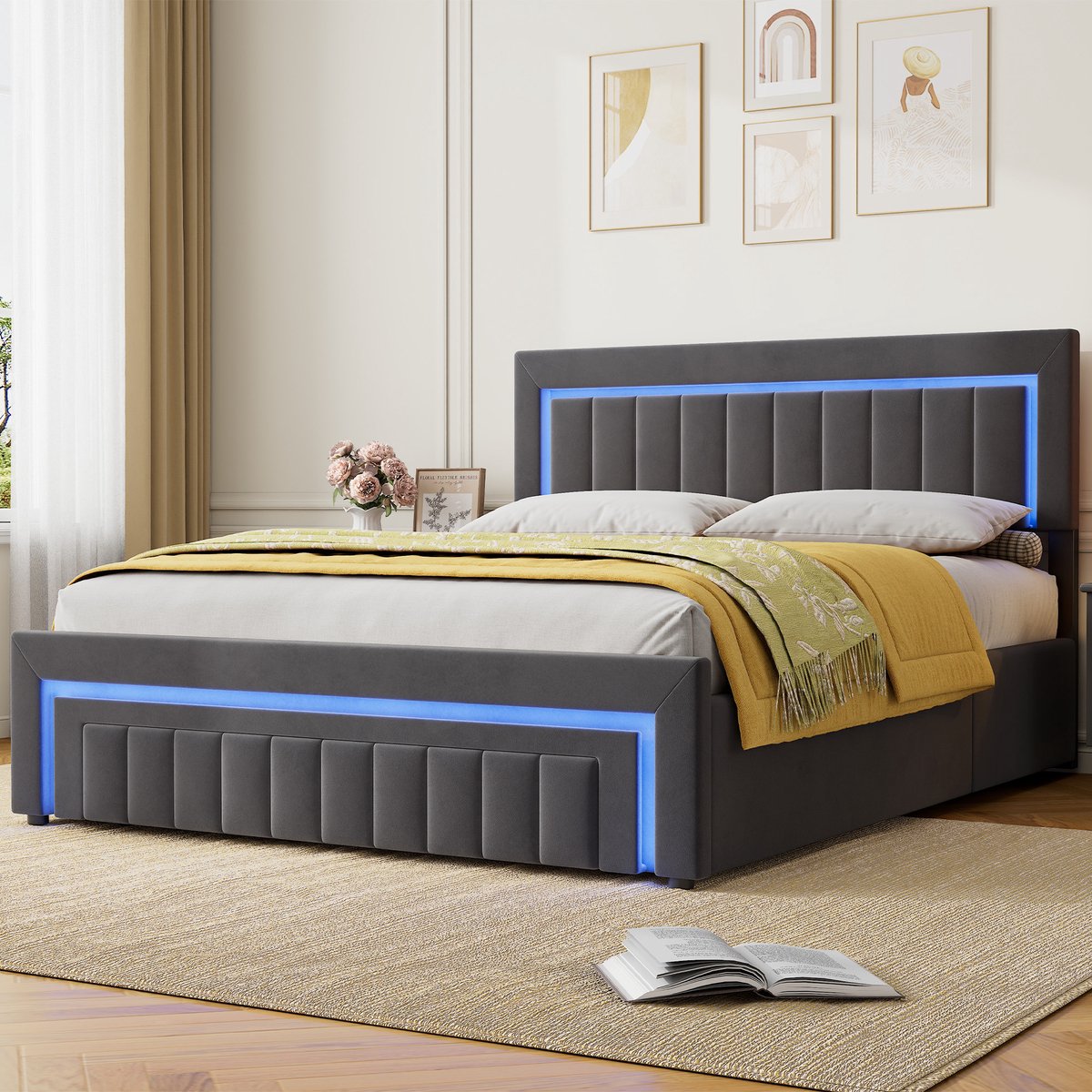 MEUNIQ Gestoffeerd bed 160x200 cm met LED-verlichting en laden, fluwelen bedframe met lattenbodem en metalen middensteun, donkergrijs