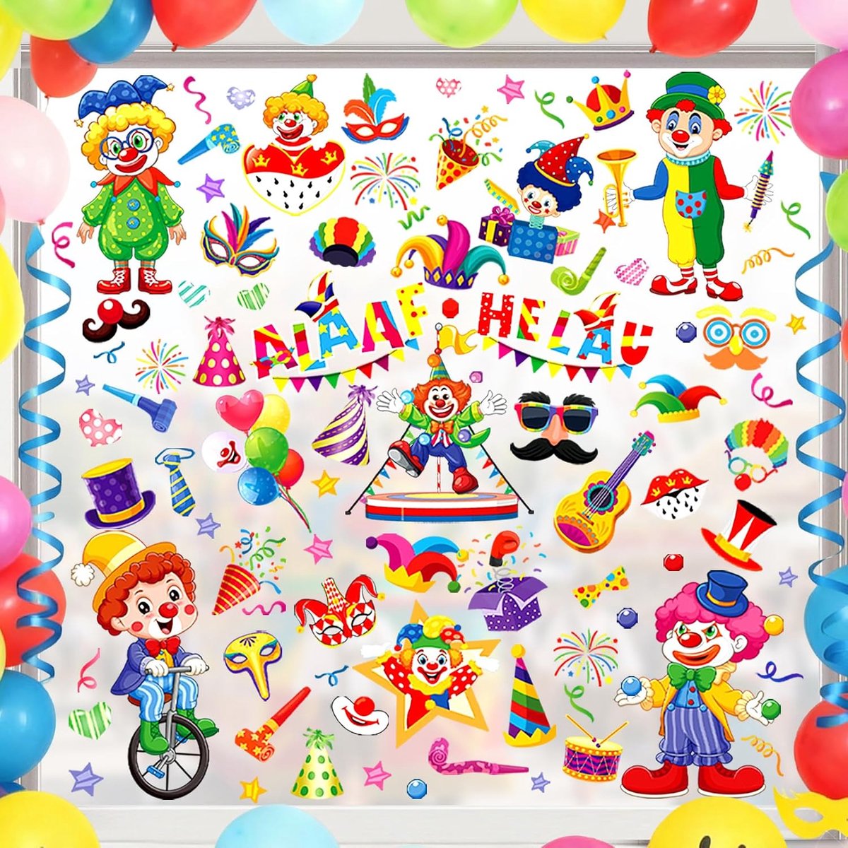 Raamstickers, carnaval, 9 vellen, carnaval, clowns en dieren, voor raamdecoratie, kerstdecoratie, woondecoratie, binnen, kerstdecoratie, raamafbeeldingen voor een