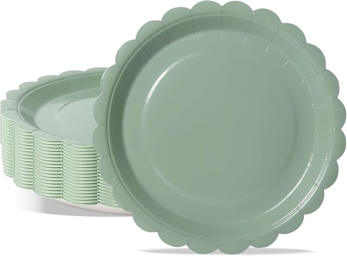 50 stuks papieren borden, feestborden, kinderverjaardag, bordenset 18 cm, feestservies, gekruld, saliegroen, wegwerp papieren borden voor afstudeerfeest, oudejaarsavond, kinderverjaardag