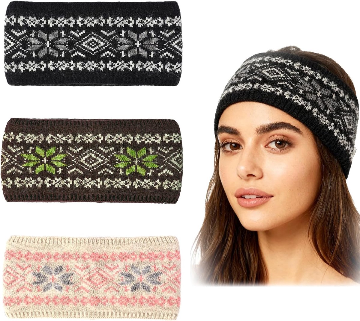 3 stuks gebreide oorwarmers hoofdband voor dames, Fair Isle sneeuwvlok patroon oorbeschermers hoofdband, zachte warme veelkleurige one-size gehaakte winterhoofdbanden voor vrouwen buiten