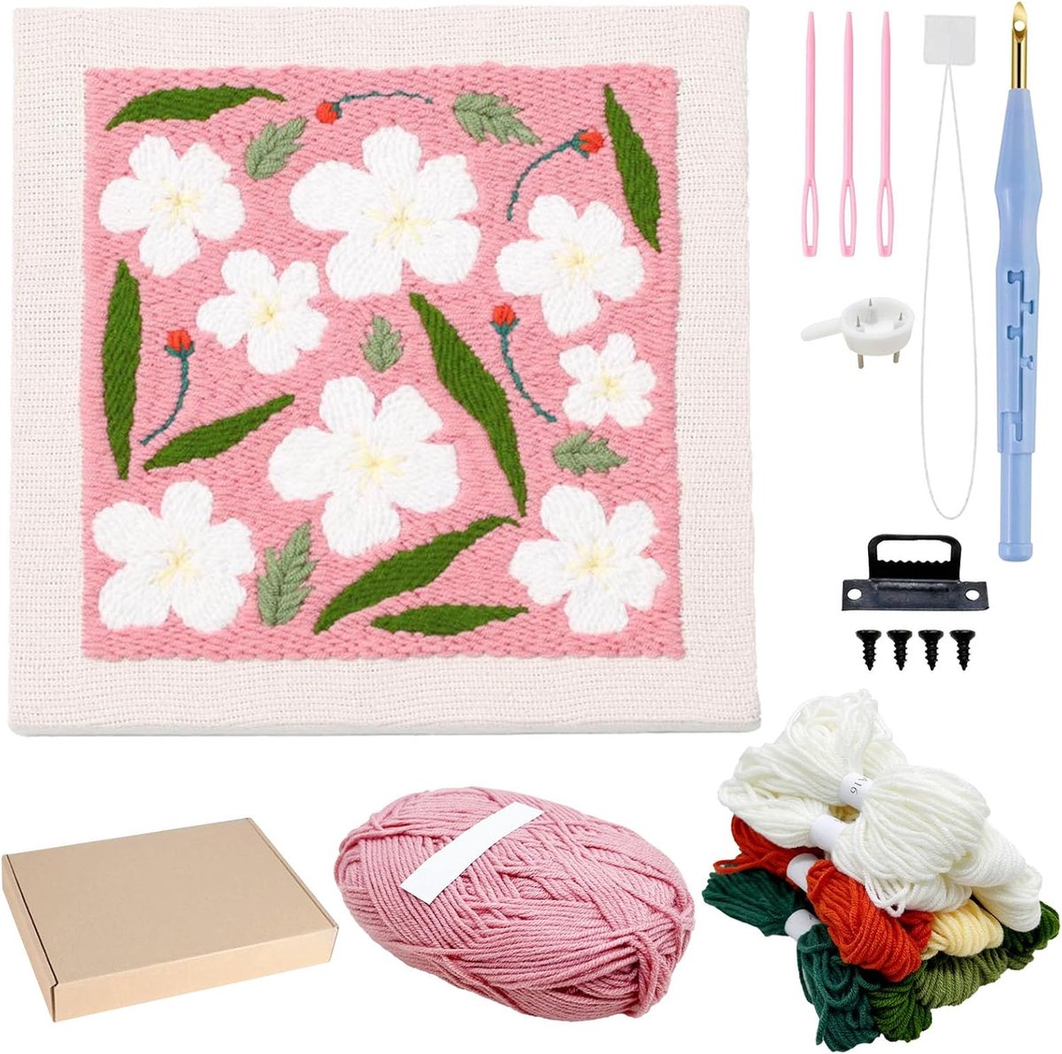 Punch Naald Borduurkit Frame, Punch Naald Kits, Vierkante Stof met Bloempatroon, Hoepel, Garens (Roze en Wit)
