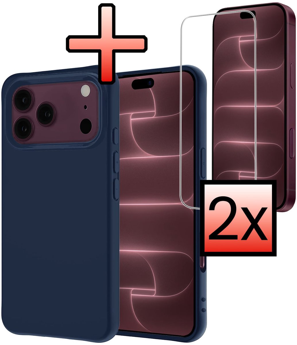 Hoesje - Met 2x Screenprotector - Geschikt voor Apple iPhone 18 Pro Max - Sterk & Shockproof - Back Cover - Siliconen Case - Telefoon Hoes - Donkerblauw