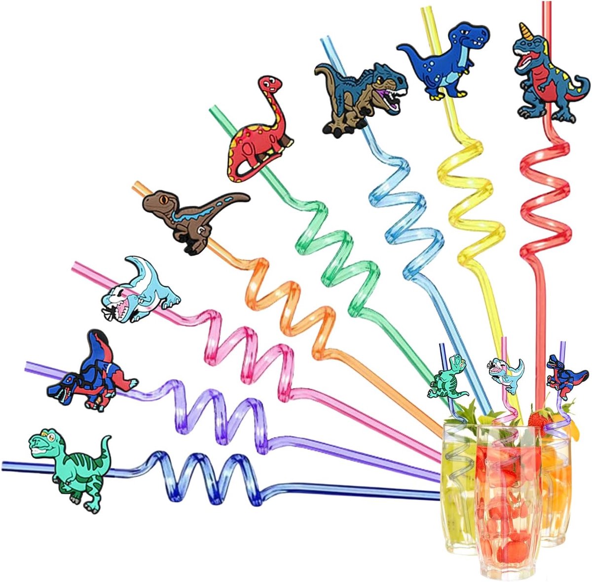 8 stuks dino-rietjes voor kinderen, dino-verjaardagsdecoratie, herbruikbare rietjes, geschikt voor kinderverjaardag, dino-feestdecoratie, familiefeesten