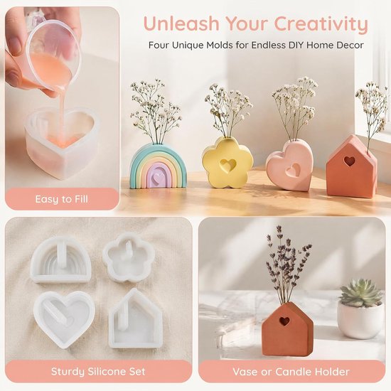 4 stuks siliconen vormen gietvormen, hart, bloemen, huis, regenboog — afbeelding 5