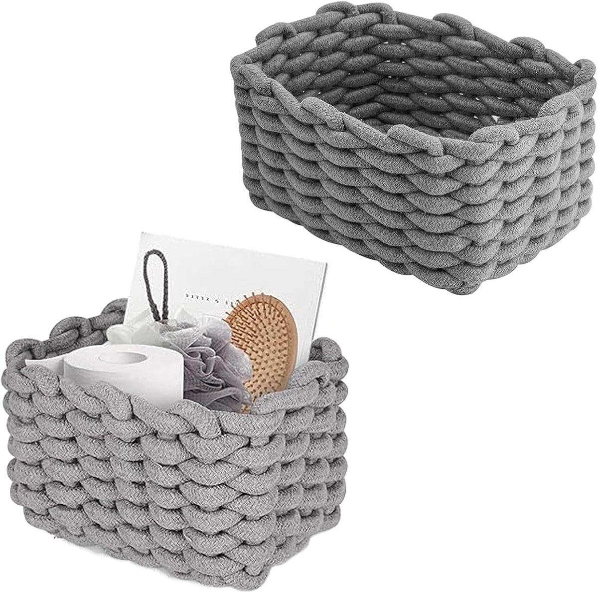Gevlochten, 2 stuks, wasbaar en opvouwbaar, grijs, gevlochten opbergmand, voor het opbergen van kleine huishoudelijke artikelen, voor kasten, badkamer, keuken