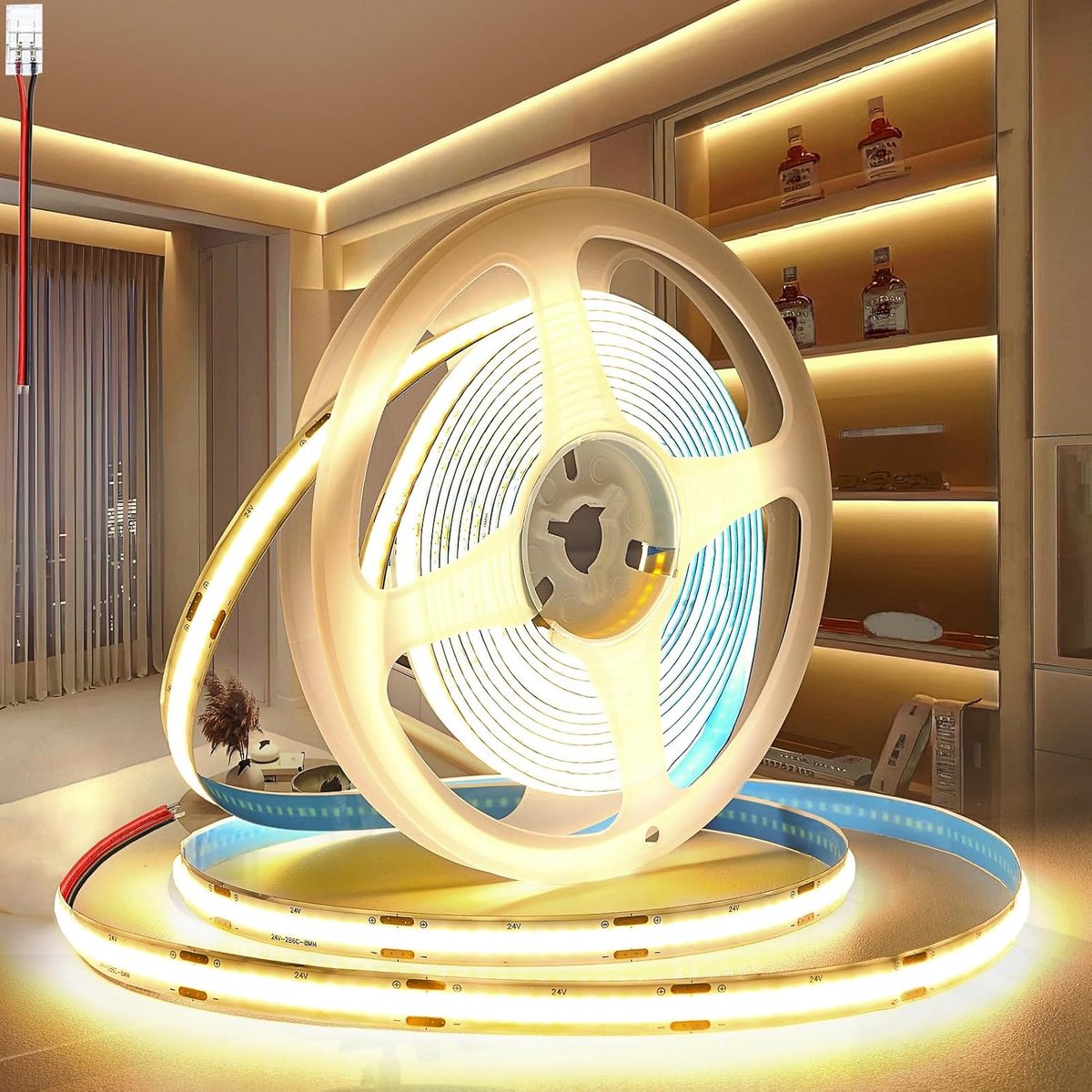 Adhesieve Cob LED strips 12V/24V LED Strip 5M/10M Wit 3000K/4000K/6000K 320leds/m 8mm Breedte, Flexibele IP20 Band Light Diy Bar, voor TV, Slaapkamer Verlichting (Zonder Voeding)
