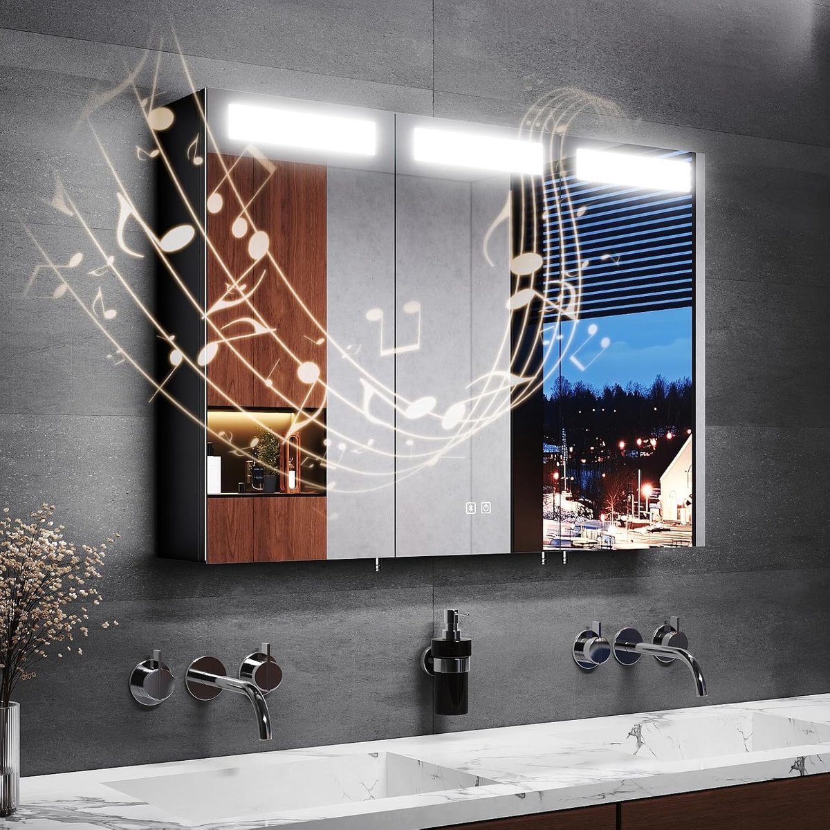 Spiegelkast voor badkamer, 90 x 65 x 13 cm, met spiegel, verlichting met stopcontact, instelbare kleurtemperatuur, roestvrij staal, ontvormfunctie, dimbare verlichting