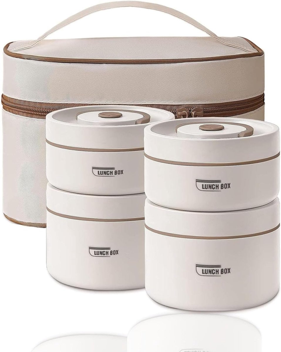 4 stuks thermo lunchbox roestvrij staal met tas, thermosbeker voor eten, lekvrij warmhoudbeker voor thuis, kantoor, picknick (beige - 2 * 440 ml & 2 * 600 ml)