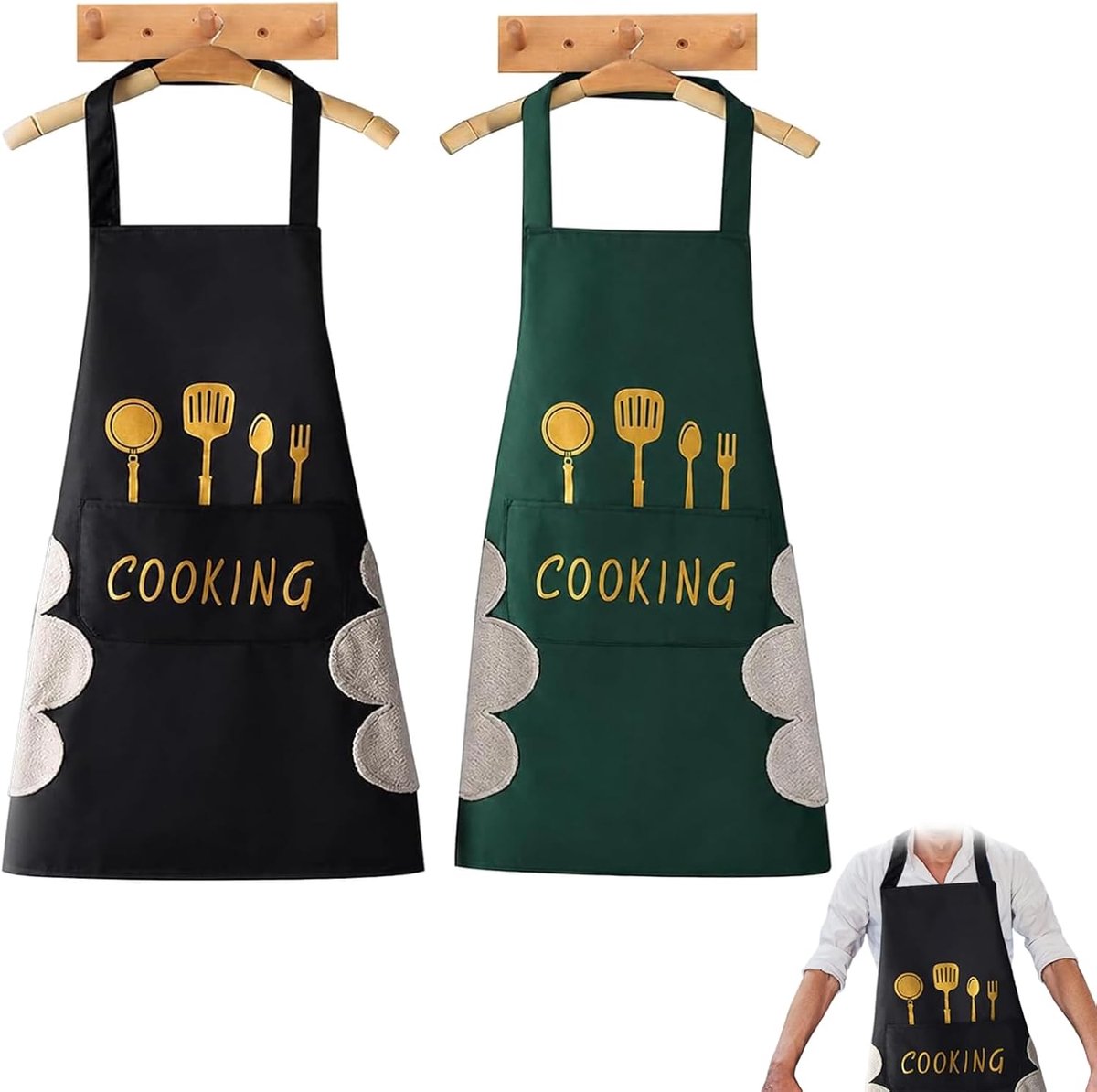 dames 2-delige set verstelbare nekband waterafstotend polyester keukenschort met grote zakken kookschort bakschort huishoudelijk gebruik koken bakken barbecue