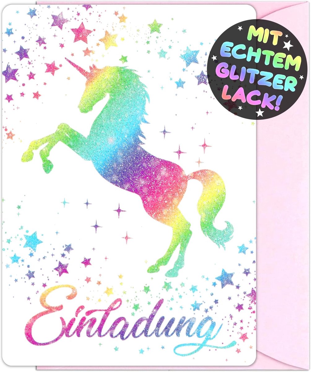 12 x glitter eenhoorn uitnodigingskaarten kinderverjaardag meisjes jongens + 12 x enveloppen - de regenboogpartykaarten zijn de eenhoorn-uitnodiging voor meisjes kinderen verjaardag uitnodiging