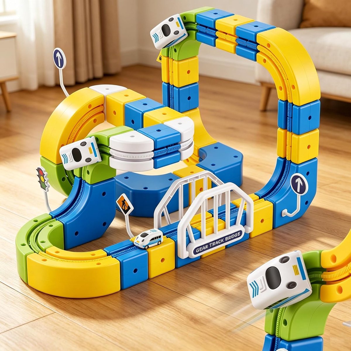 124 stuks Cube Track Set, elektrische spoorbaan met 2 treinen en 3D Gear Track, doe-het-zelf bouwstenen, kliksysteem, rails, dobbelstenen, treinset, STEM-speelgoed voor kinderen vanaf 3, 4, 5, 6, 7, 8