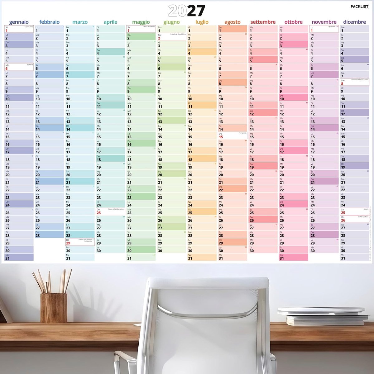Italiaanse wandkalender 2027, grote planner met Italiaanse feestdagen, DIN A1 (84,1 x 59,4 cm), papier 160 g, organisatie voor thuiskantoor, familie en studio's