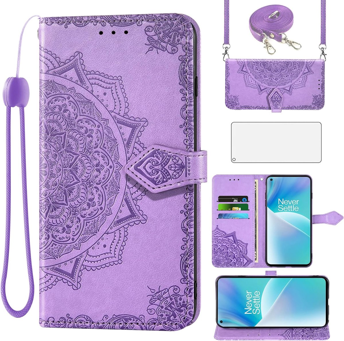 Hoes voor OnePlus Nord 2T met Koord en Gehard Glas Screen Protector met Card Holder Stand Leather Wallet Flip Hoesje CPH2399 CPH2401 Telefoonhoesje Phone Cover Case Mandala Paars