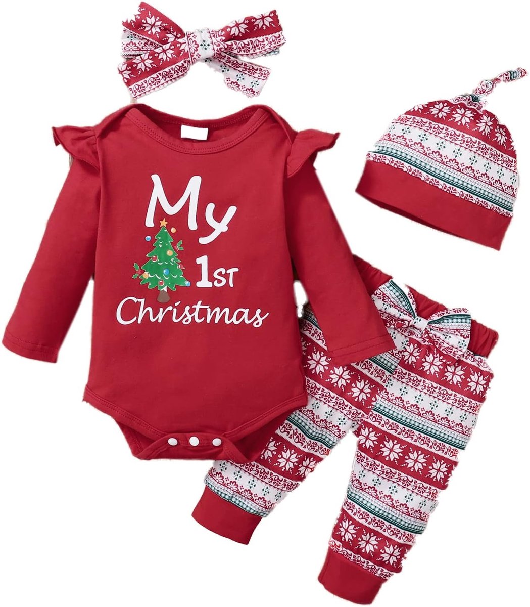 baby babymeisjes mijn eerste kerst outfits Xmas Rompers lange mouw brief print bodysuit sneeuwvlokbroek met hoed hoofdband 4 stuks set