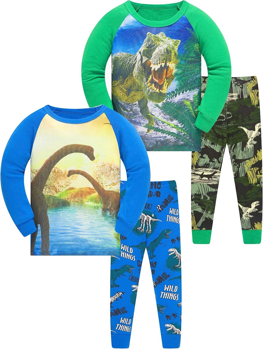 Pyjama's voor jongens, dinosaurus, nachtkleding, katoen, peuterkleding, kinderen, nachtkleding, lange mouwen, pyjamaset, 4-delige outfit, 1-12 jaar