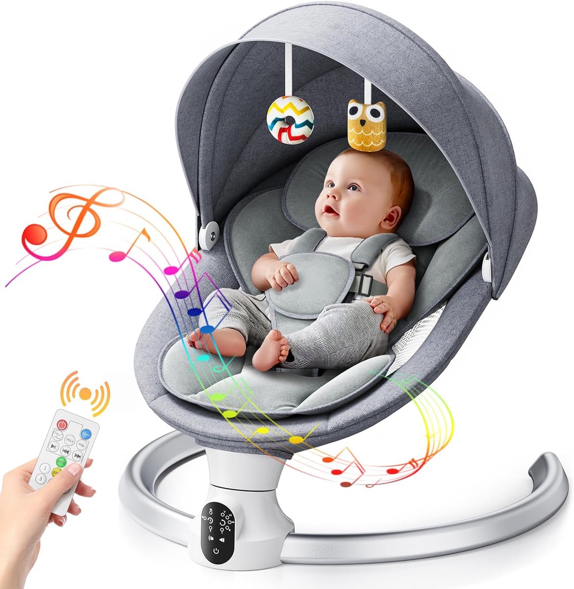 Babywipstoel, app, kan de stoel bedienen, met afstandsbediening, elektrische babyschommelbank, 5 schommelsnelheden, babyschommel, boog met speelgoed