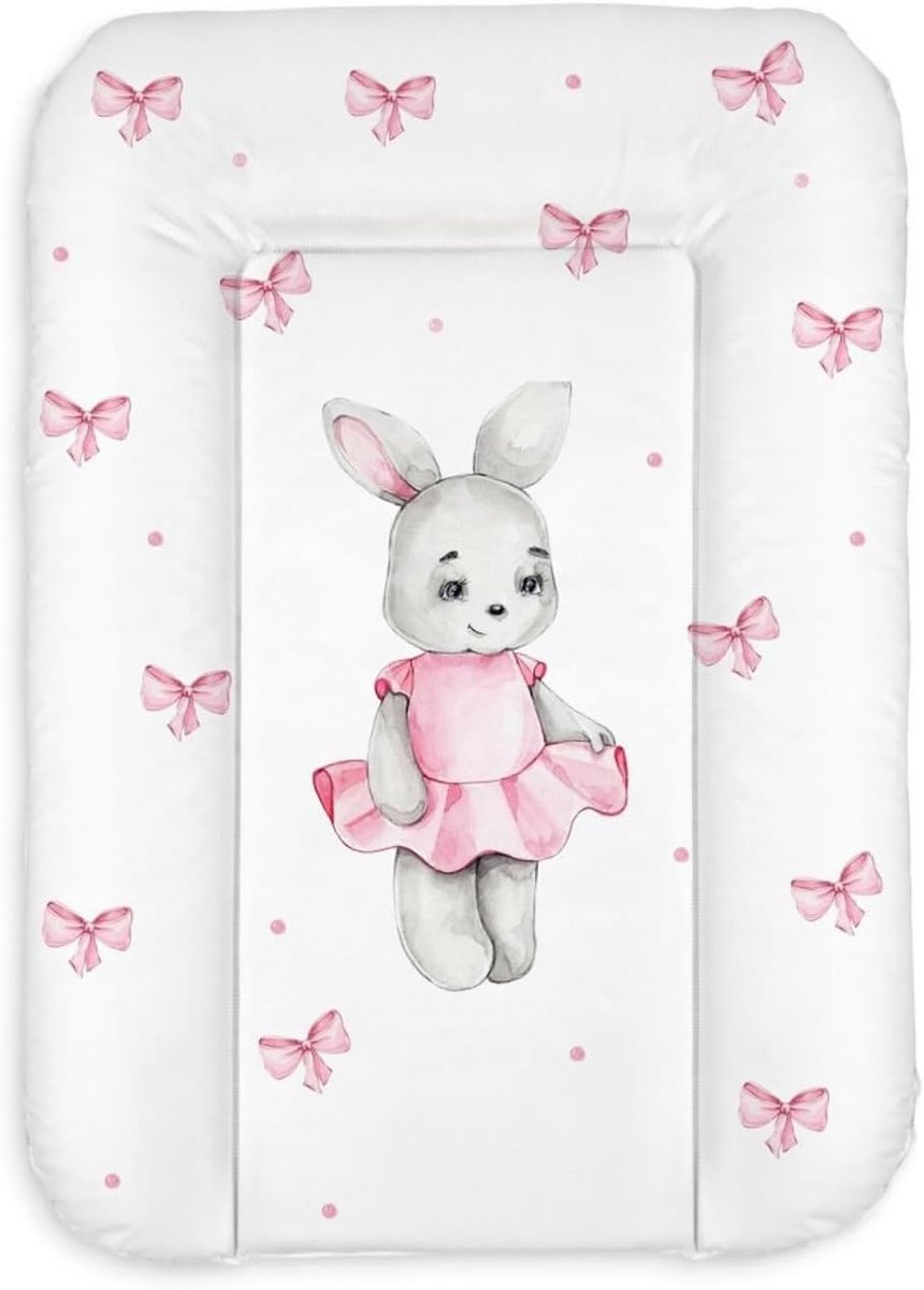 Aankleedkussen 50x70 cm, wit met meisjeskonijntje – afwasbaar & waterdicht, zacht voor pasgeborenen – verzorgingskussen voor commode – baby aankleedkussen, snel schoon te maken