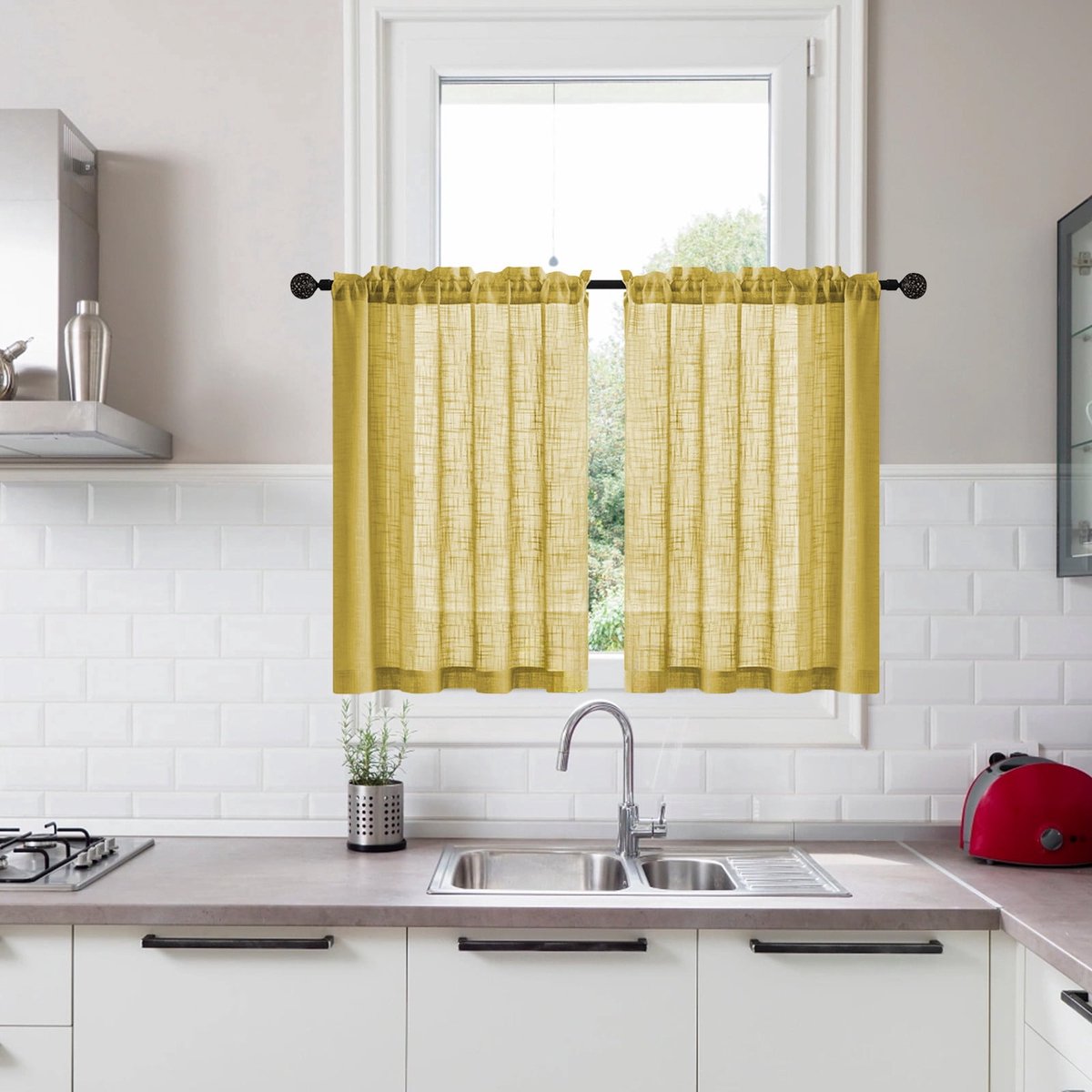 Ulisem Korte Vintage Vitrage Gordijnen - Set Van 2 - Half Transparant - Voor Keuken - Badkamer - Slaapkamer - Lichtdoorlatend - Privacy - Partition Gordijnen - Geel - Polyester - Wasbaar - Landelijke Stijl - Raamdecoratie