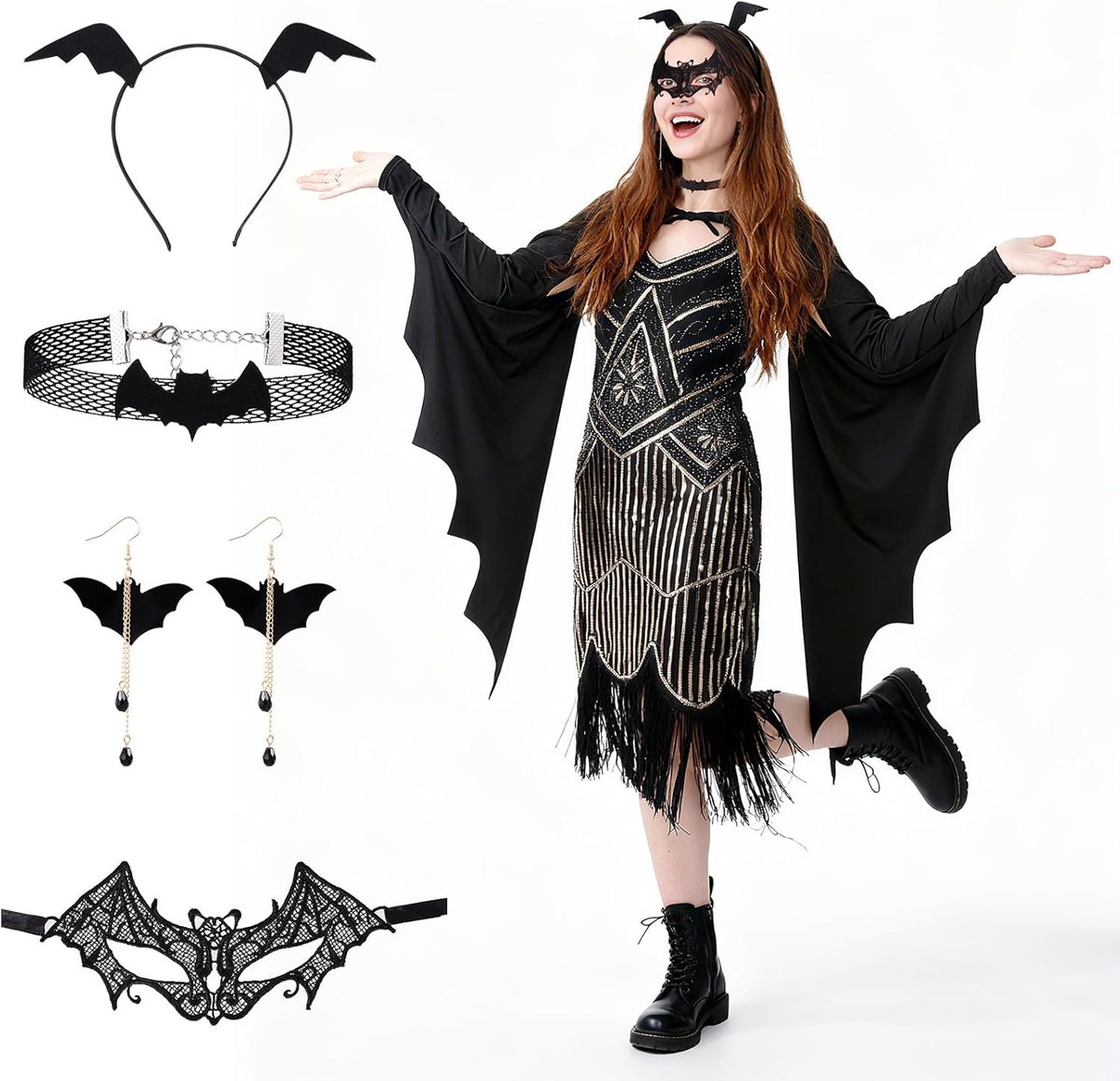 Dailygoods- Vleermuiskostuum met accessoires - Vleermuisoorbellen - Cape - Kanten masker - Hoofdband - Halsketting - Driedimensionaal design - Verklee