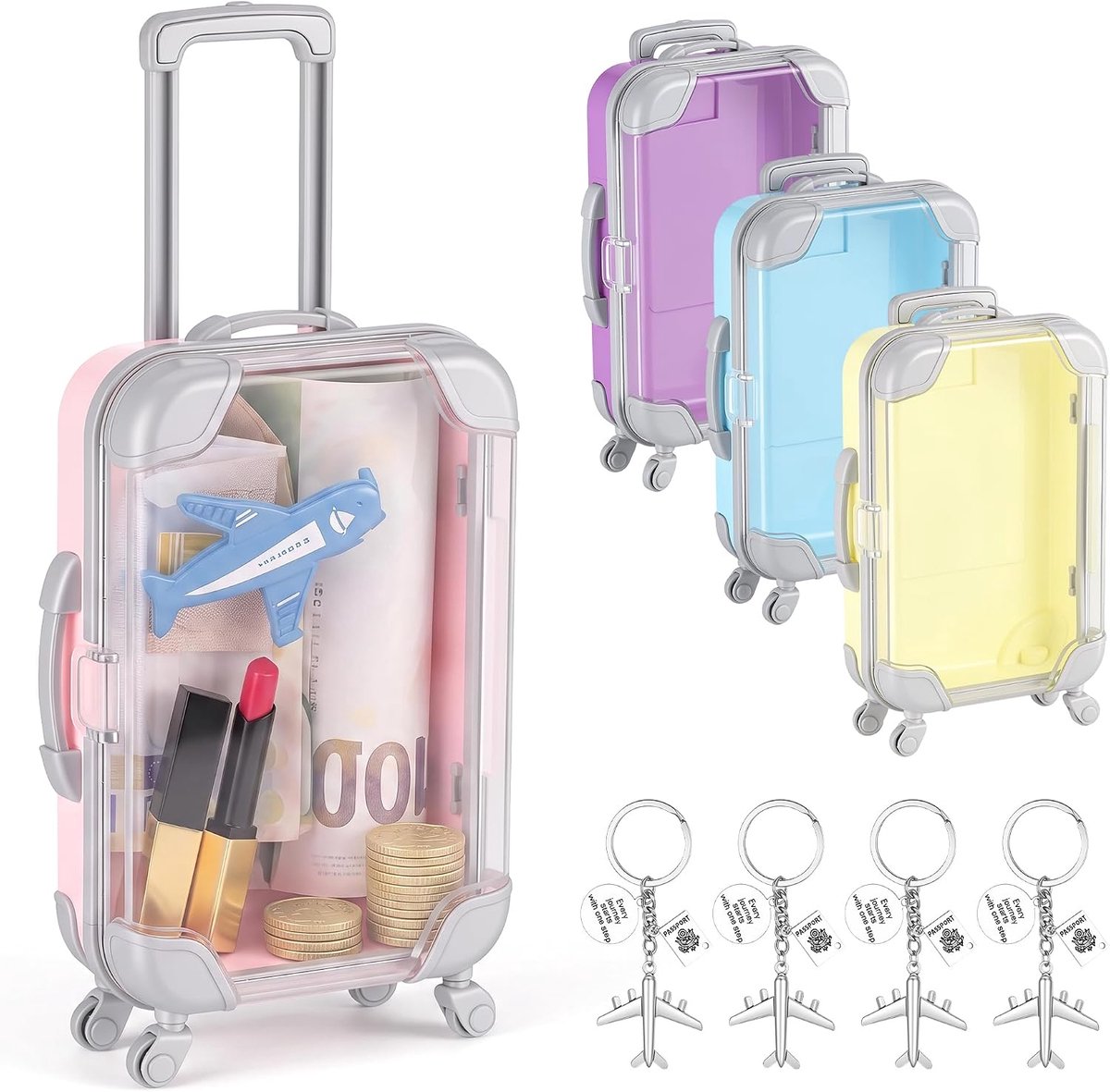 4 stuks mini-koffers geschenkdoos met 4 sleutelhangers, voor geldgeschenken