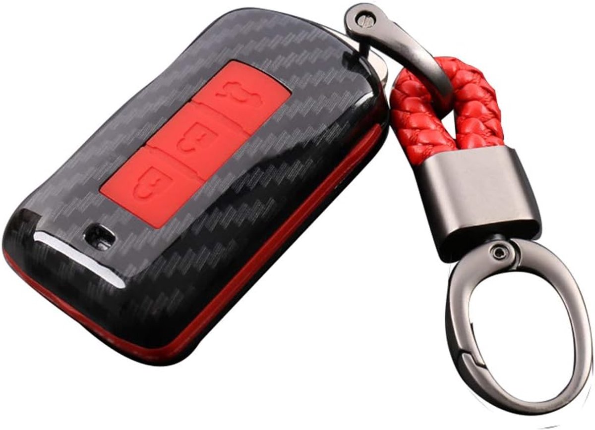 koolstofvezel shell + siliconen autosleutel case afdekking sleutelhanger voor Mitsubishi Outlander Lancer 10 EX Pajero Sport ASX RVR L200 3 toetsen (rood)