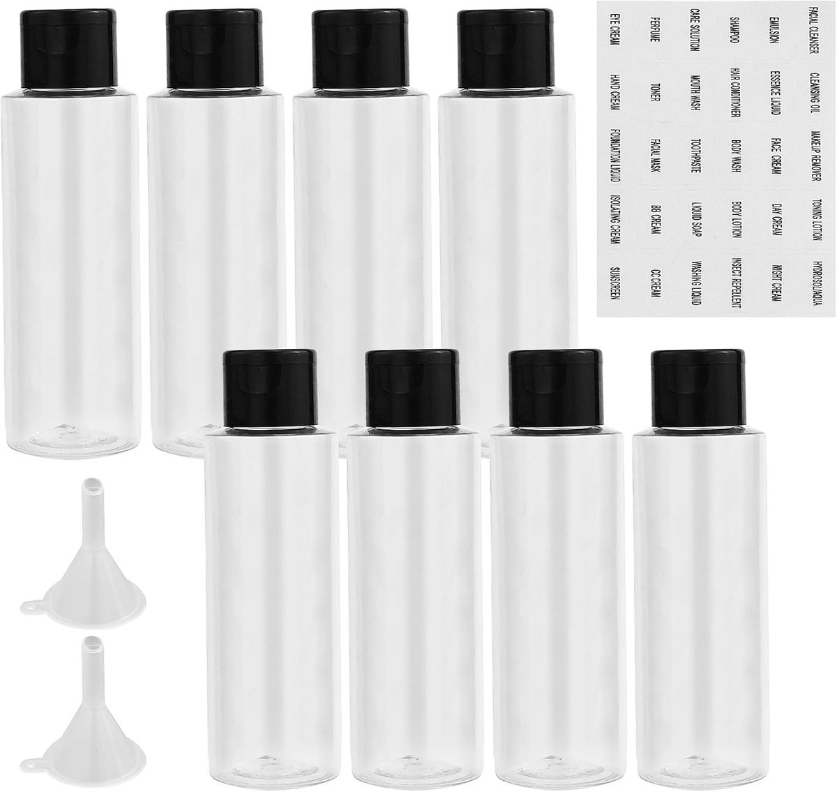 100 ml/120 ml reisflessen, set met flipdop (8 stuks), lege dispenser, plastic flessenset, vulflessen voor cosmetica met trechter (transparant)