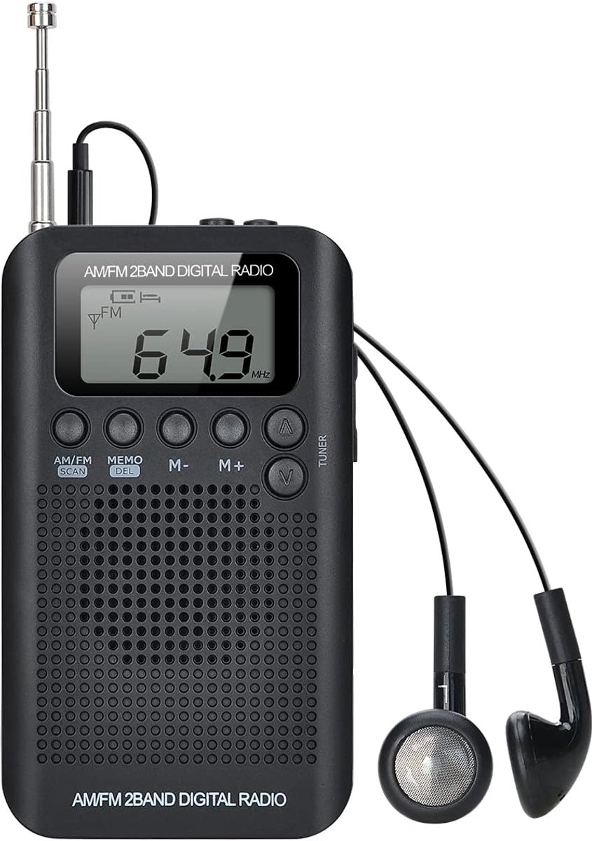 104-BK Digitale AM/FM 2-bandsradio, 12/24u tijdweergave, batterijgevoede radio, persoonlijke stereoradio met hoofdtelefoon, luidspreker, wekker en timer voor hardlopen, joggen