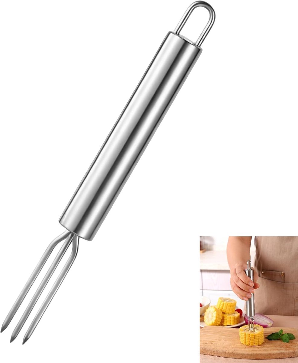 Maïsvork, roestvrij staal, 3 tanden, herbruikbaar, maïs, roestvrij staal, voedselhouder, barbecue, keuken, barbecue, niche, accessoires, verbranding, veilige stopcontact, aardappelen