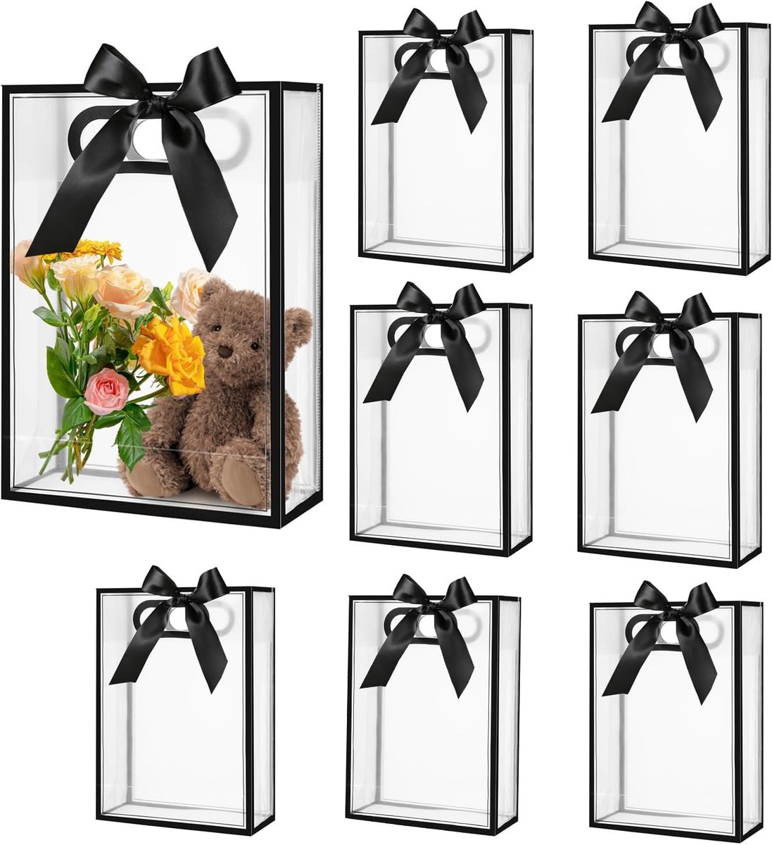 16 stuks doorzichtige PVC geschenkzakjes met handvatten, lint, plastic feestzakjes, herbruikbare transparante zakjes voor bruiloft, bruid, babyshower, verjaardag (zwart, 18 x 26 x 8 cm)