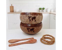 Cocovibes Kokosnootkommen, set van 2 mueslikommen, smoothie, kokosnootschalen met anti-kantelring en houten lepel, duurzaam dessert & Boeddhakommen (One WORLD-2)
