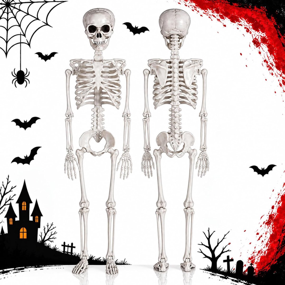 Skelet 90 cm, beweegbare skeletdecoratie van kunststof met verstelbare gewrichten en grenen, volledig lichaam, Halloween-decoratie voor tuin, huis, terras, feest en spookhuis