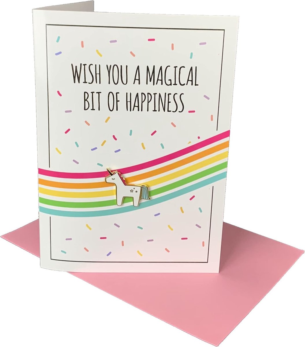 Verjaardagskaart met Eenhoorn Speldje en Envelop | Klein Cadeautje Unicorn Pin Broche met Wenskaart | Eenhoorn Kaart voor Meisjes en Kinderen | Wish You a Magical Bit of Happiness