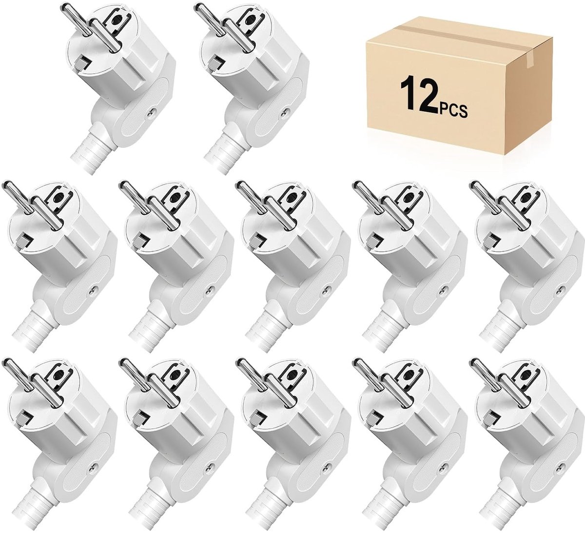 Stekker, hoekstekker, 12 stuks, geaarde stekker met knikbeschermingsaansluiting, stekker 250 V (16 A), PABANCE stroomstekker, hoekstekker, waterdicht, voor 8-10 mm kabel, wit