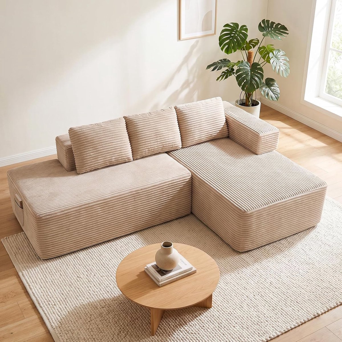 Hoekbank met slaapfunctie, 228 cm, corduroy, modulaire boneless bank met chaise longue en metalen frame, L-vormige slaapbank met open design, kussen en zijzakken, voor woonkamer, beige