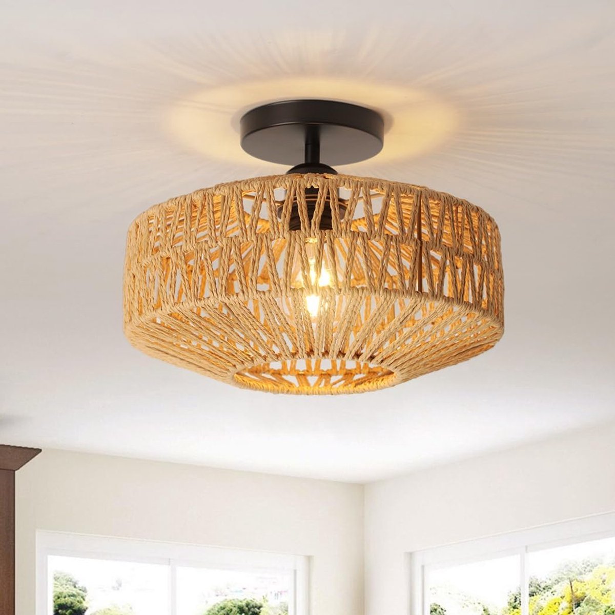 Plafondlamp woonkamer rotan,E27 Boho plafondlamp slaapkamer met lampenkap rotan, Home Decor plafondlampen,slaapkamerlamp plafond,plafondlamp gang,modern handgebreid
