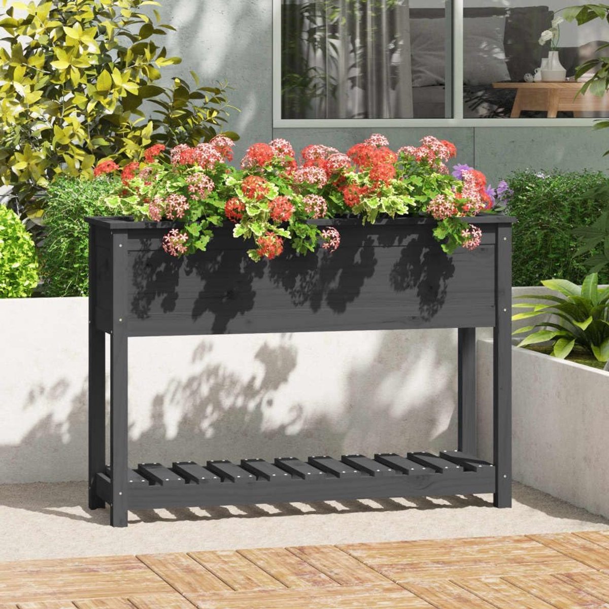 Plantenbak met plank, grijs, 111,5 x 34,5 x 81 cm, massief grenenhout