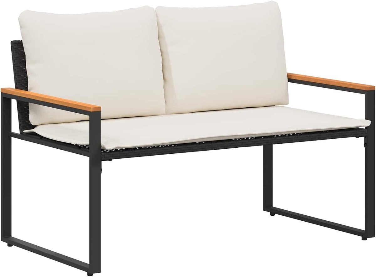 Zwart/crèmewit, 115 x 65 x 72 cm, tuinbank rotan met kussens, zitbank met traagschuimkussen en acacia-armleuningen voor tuin, terras