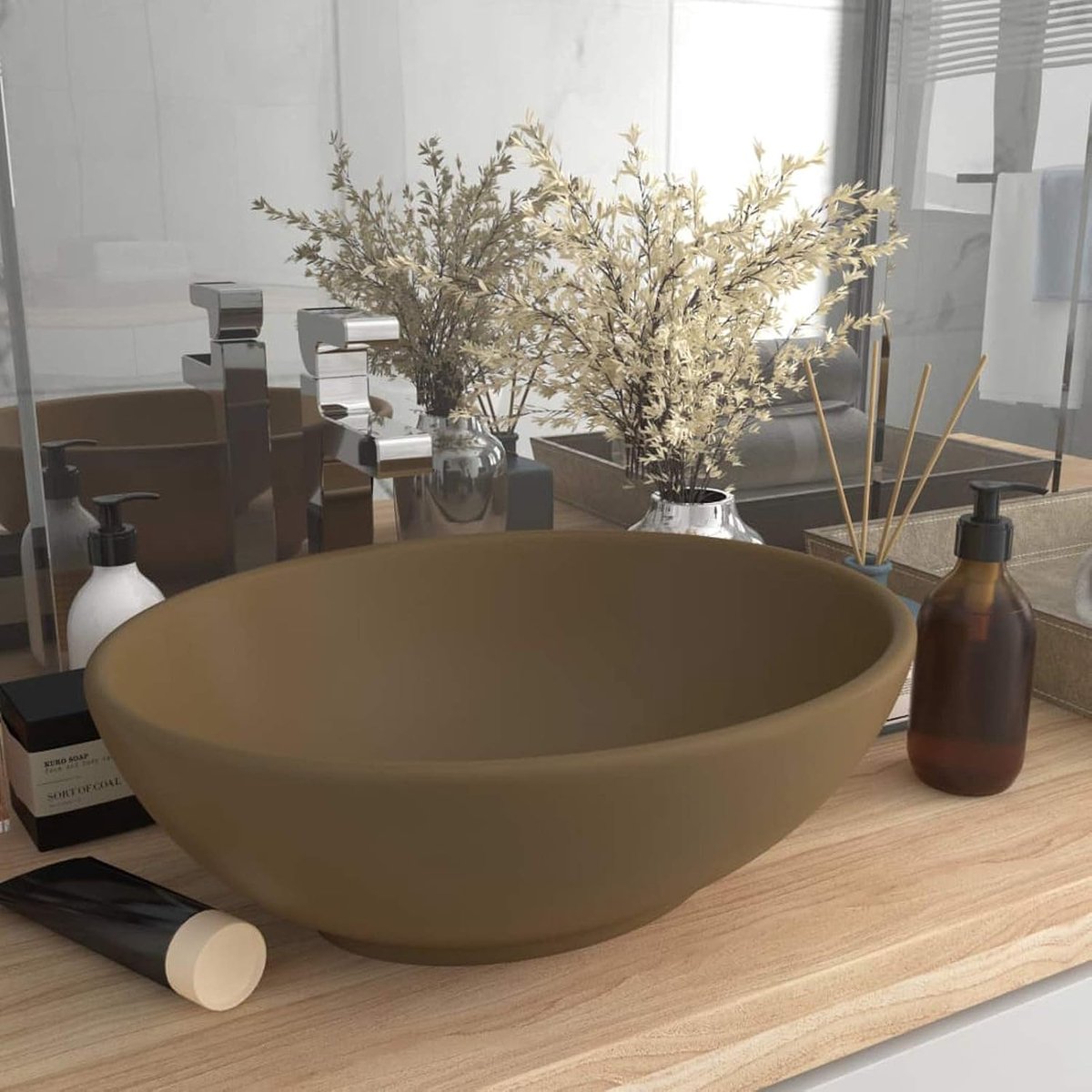 Luxe wastafel ovale wastafel op werkblad badkamer wastafel ovaal modern voor werkblad keramiek crème mat 40x33cm
